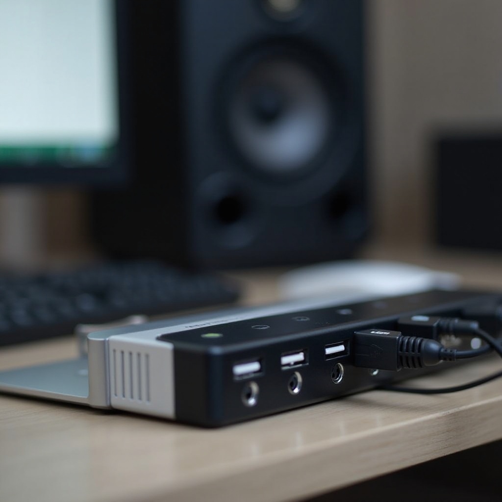 ลำโพงที่เชื่อมต่อกับฮับ USB มีเสียงหึ่ง